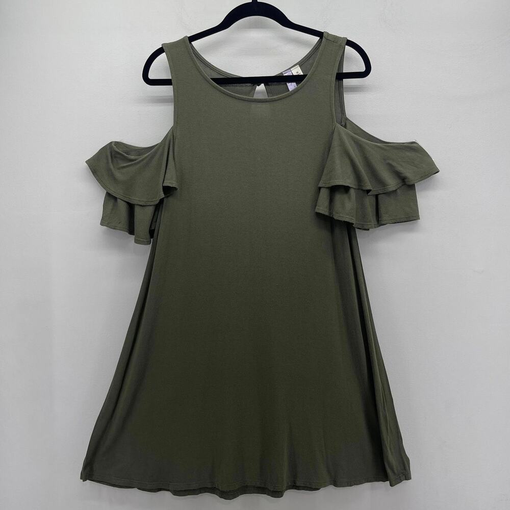 Alya Cold Shoulder Ruffle A-Line Swing‎ Dress Womens Medium Olive Green Flowy